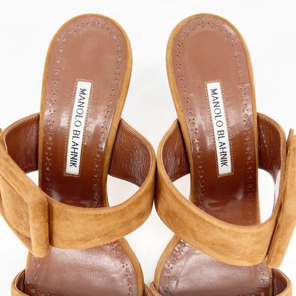 Manolo Blahnik Gable Camel Brown Suede Buckle Open Toe Stiletto Mules IT 39 - Picture 7 of 10